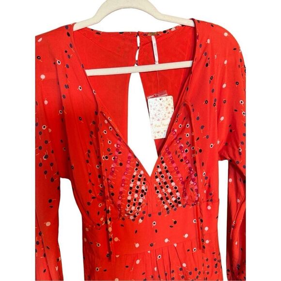 NEW Free People Coryn Coral Orange Print Long Sleeve Dress red combo sz 6 - Picture 11 of 16